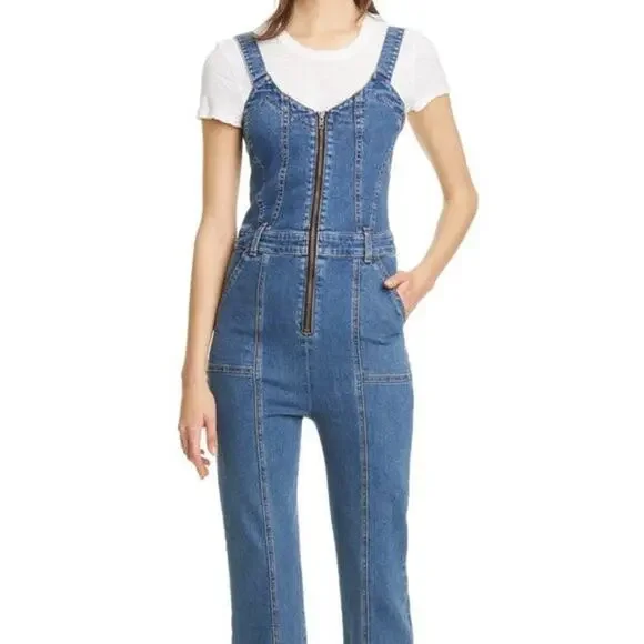 VERONICA BEARD Fayre Jumpsuit Denim Flare Leg Front Zip V Neck Blue NWT